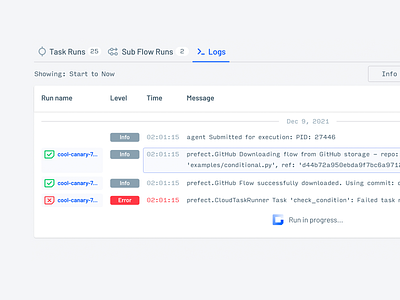 Prefect Logs critical data debug design developer developer tool error info log message logging logs prefect ui ux warning workflow