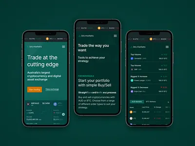 BTC Markets Crypto Exchange / Mobile crypto currency dark mode design exchange finance fintech interface marketing mobile responsive trade ui ux web web3 website