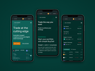 BTC Markets Crypto Exchange / Mobile crypto currency dark mode design exchange finance fintech interface marketing mobile responsive trade ui ux web web3 website