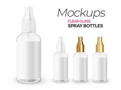 Clear Glass Spray Bottles - PSD Mockup 3d render blender 3d bottle clear glass cosmetic editable glossy gold lid matte package photoshop plastic product psd mockup ribbed serum skin care spray template