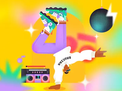 happy 4th year anniversary to us π₯³β¨ anniversary birthday brucira chill colours dance design disco disco ball graphic design happy illustration men party shoes sneaker speakers ui up vector