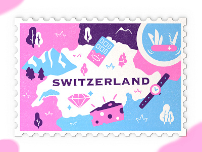 Switzerland stamp chocolate country graphic illustration landscape mountains nature stamp stamp design switzerland travel village