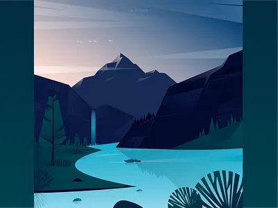 Scenery Illustration - 1 creative flat graphic design illustration landscape minimal mountains scenery vector waterfall