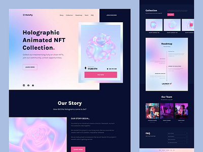 💿 Holographic NFT Marketplace (full animation) animation blockchain buy nft colorful cryptoart dark mode defi futuristic glow in the dark hologram holographic landing page nft non fungible token ui ui design web web design web3 website