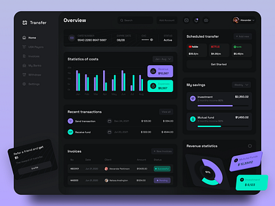 Money Transfer - Ofspace (Dark) bank dark digital banking finance fintech financial financial service fintech invest landingpage money money transfer moneymanagement online banking transaction ui uix ux wallet web website