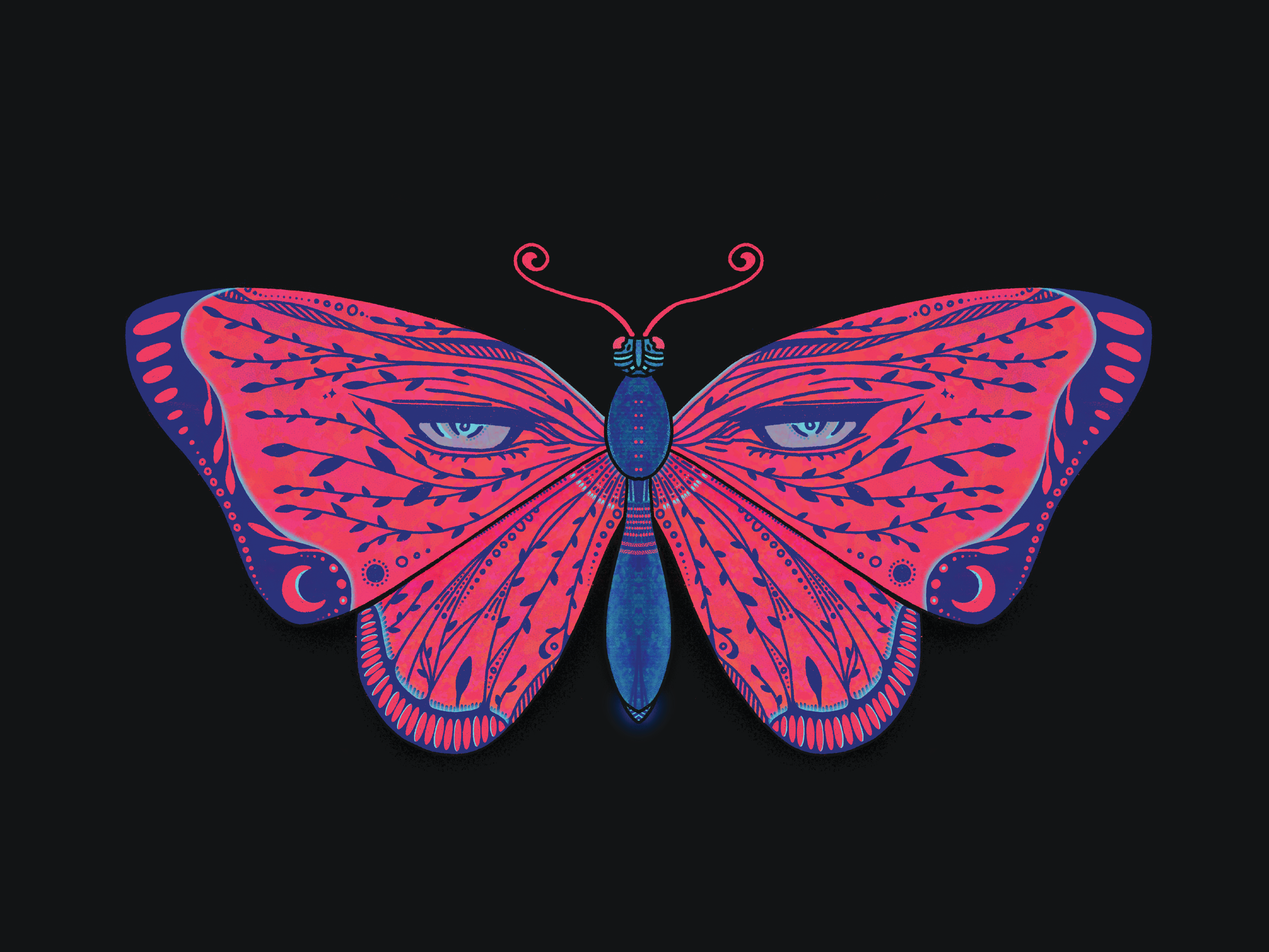 Illustration | Midnight Fuchsia and the M411 aesthetic art black blue butterfly colour palette eyes fantasy fuchsia illustration midnight night mode patterns print procreate venom vines