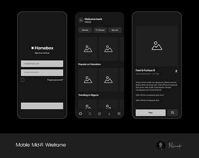 Mobile Mid-Fi wireframe app design designer mid fi mobile streaming app ui wireframe