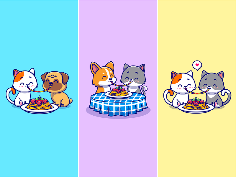 Friends eating together🐱🐶🍜 activities animal bestfriend cat character dog eat eating food friend icon illustration kitchen logo love noodle ramen relationship table