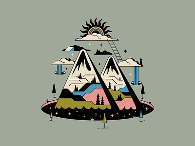 MTN PRTL adventure apparel brand branding clouds hero iconography illustration landingpage mountain nature rainbow space sun surreal trippy ui ux