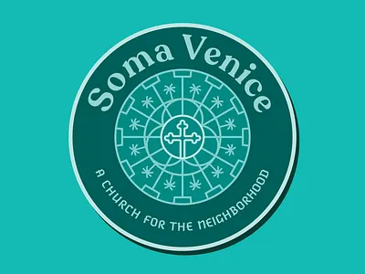 Soma Venice Sticker Idea badge branding church cross engraving etching identity line logo palm sticker tree