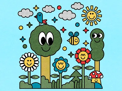 Summer's End blue color design flowers fun green happy illustration red summer trees vector yellow