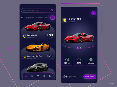 Luxury Rental Car 2022 trends car dark dark mode design concept ecommerce ferrari gradient home home page luxury car mobile neon rent rent car rental car supercar ui ui trends ux