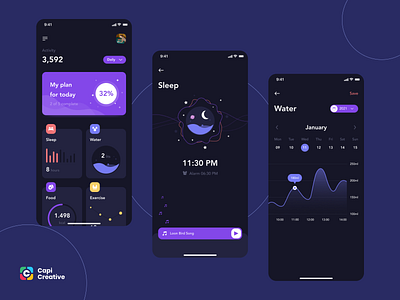 Healieta - Health App UI Kit activity app branding capi creative design details health home illustration logo mobile nutrition sleep tracker ui ui kit water