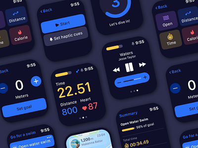 Swim Tracking Apple Watch App app apple apple watch dailyui dark darkui design fitness map running smartwatch sport swim swim tracking ui ux visual watch