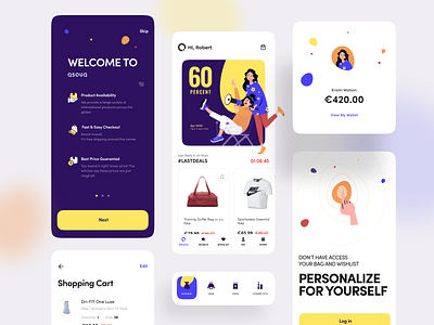 Ecommerce App QSOUQ app appdesign application card cart checkout ecommerce flat flat illustration icon illustration minimal onboarding profile shopping web webdesign