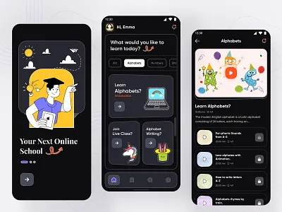 Online Education App for Kids | Dark mode android clean creative e learning education exam ios kids app kids learning mobile app online online education app online school pre school student uiux
