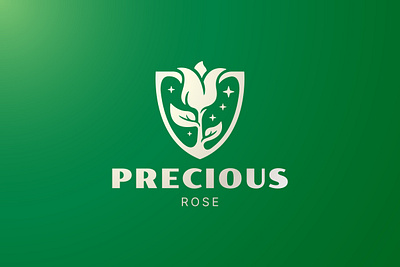 Precious Rose Shield Logo brand branding design elegant exclusive flower gradient green illustration leaf logo natural nature plant rose sale shield star vector white