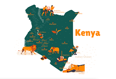 Kenya africa attraction country design flat illustration kenya map sights vector woman