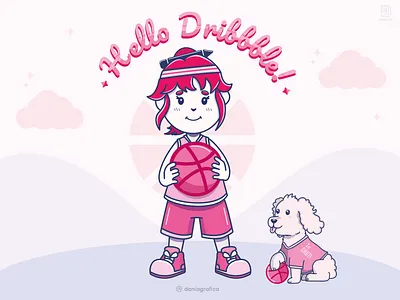 Hello Dribbble - First Shot basketball character cute design dog dribbble first shot flat game graphic design hello dribbble illustration illustrator mascot minimal pet pink portfolio shot vector