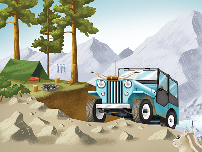 💀🎨 The Great Outdoors 01 art camp scene camping chipmunk dead art design fish horns illustration jeep landscape mountain lake mountains outdoors photoshop river scene sleeping bag tent tree