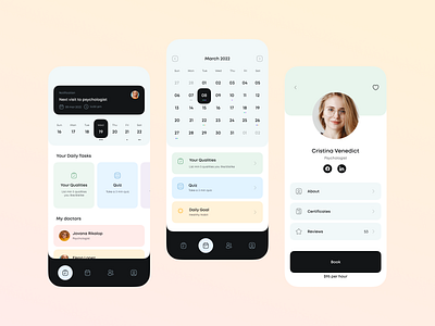 Psychology App app call clean design health health app healthcare ios mental mental health profile psychology psychotherapy quiz stress therapist therapy app ui ux videocall