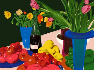 still life 03 70s bright flowers fruit painting portrait still life tomatoes