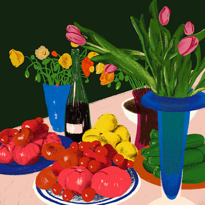 still life 03 70s bright flowers fruit painting portrait still life tomatoes