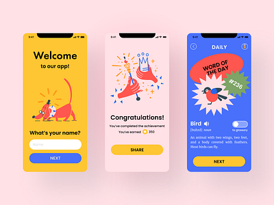 English Learning App app blue bright children children app congratulations crazy design earn points english learning illustration kids kids app logo pink teaching app ui vocabulary welcome screen word of the day