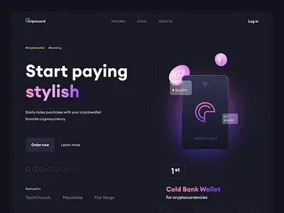 criptocard 3d bank card banking card crypto cryptocurrency finance gradient header landing landingpage stylish tech ui ux wallet