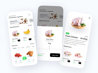 Grocery App - Concept Design branding bread chicken clean daily needs food grocery market meat minimalist mobile mobile app price shop supermatket transaction ui uiux user interface vegetable