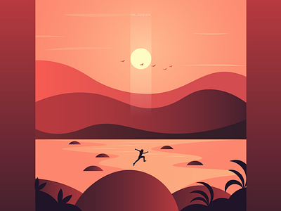 Scenery Illustration - 3 birds creative evening flat graphic design illustration joy jump minimal mountains river sunset vector visual design