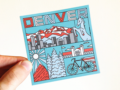 Denver, Colorado Landmarks Sticker 4"x4" america art blucifer colorful cycling decal etsy graphicdesign illustration linedrawing merch milehighcity redrocks skyline souvenir state sticker usa vector vinyl