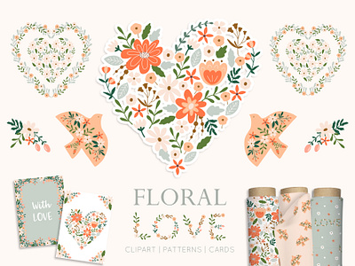 Floral love bundle clipart design floral heart heart illustration love spring valentines day vector