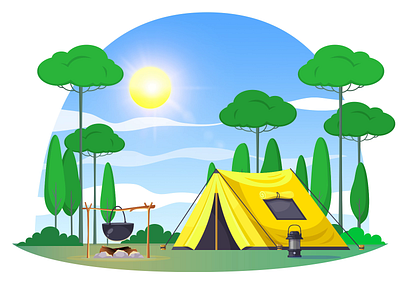 Cool😎 Graphics for Day/Night Camping🏕️ 3d animation bonfire campfire camping forest graphic design illustration moon mountains night plants stylized sun tent trees woods