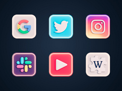 Social Media Icons 3d 3d icon 3d illustration cinema 4d facebook google icon icons illustration instagram neon slack social media social media icon stylized twitter web design web icon wikipedia