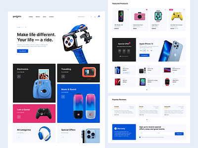 Gadgets shop. E-commerce. blue business catalog categories e commerce electronics gadgets geek grid logo online shop price product card reviews signup store switcher trade