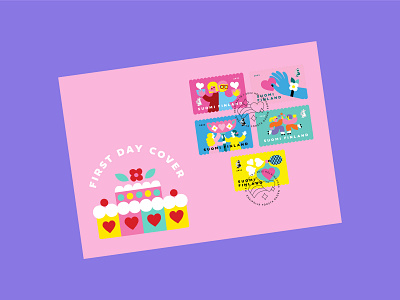 First Day Cover brights colorful feminine style finnish illustration flat color flat style friends friendship galentines illustration leena kisonen positive vibes scandinavian scandinavian illustration scandinavian style stamp design stamps valentines valentines day