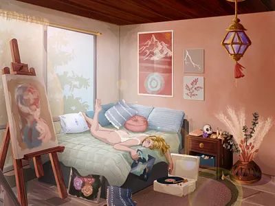 Bedroom art bed bedroom charactedesign children art children book illustration decor design enviroment femenine illustration painting pink underwear woman