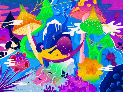 welcome to the mushroom jungle. silpo x marco book cover cartoon children illustration design dream fairy tale fantasy flat illustration line mountain mushroom psychedelic psychodelicmushroom silpo trip vector сильпо сільпо