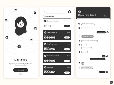 A community chat app mockup app app ui black black white blockchain chat chatting cobra kai community crypto dao illustration minimal mobile social ui web3 white