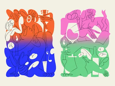 Feast // Rest apple pencil bread candle cello character drawing figure gradient illustration ipad pro line work music series wine woman