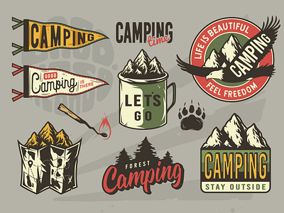 Camping label set art artwork branding camp camping design emblem forest graphic design illustration label logo nature print set travel traveler vector wanderlust