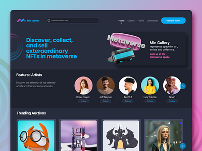 NFT Marketplace 3d icon cryptocurrency dotchallenge home page metaverse midschallenge nft nft marketplace profile ui ui concept ui design user experience user interface ux design website website ui