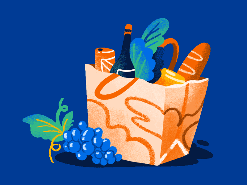 Groceries animation bag booking.com drawing editorial editorial illustration groceries illustration jordan kay limited color motion graphics spot illustration texture