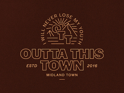 OUTTA THIS TOWN MONOGRAM BADGE 🌅⛰️ adventure apparel badge badge design branding explorer illustration live free logo design mountains open minded print punk street wear style sunrise t shirt design think free typography vintage