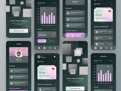 M Banking - App Design banking app bitcoin branding btc card clean dark theme design glassmorphims m banking m banking app design modern money money managament trading app ui ui design uiux usd visa