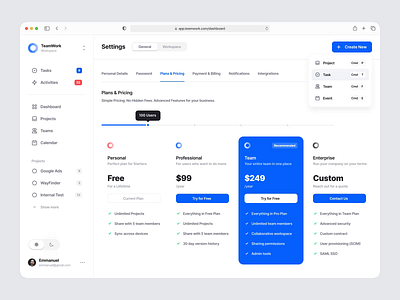 TeamWork — Dashboard Pricing Page Light & Dark Mode app calendar clean dark mode dashboard design interaction interface minimal payment pricing pricing plan pricing table saas task app task management ui uiux ux web app