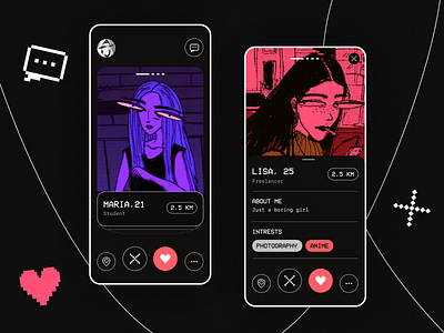 Dating app + pixel graphics app concept design illustration mobile pixel pixel art pixelart ui