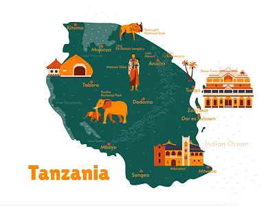 Tanzania africa architecture attraction building country elephant flat history house illustration map sights tanzania town vector woman zanzibar
