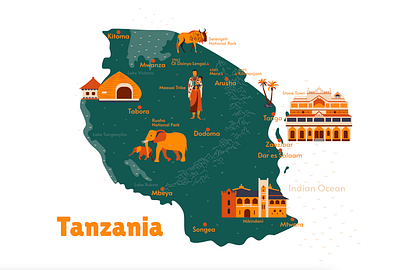 Tanzania africa architecture attraction building country elephant flat history house illustration map sights tanzania town vector woman zanzibar